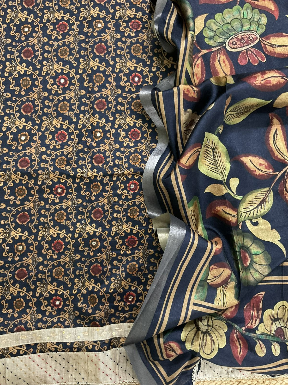 Soft Semi Tussar Silk Printed Embroidered Suit - Blue