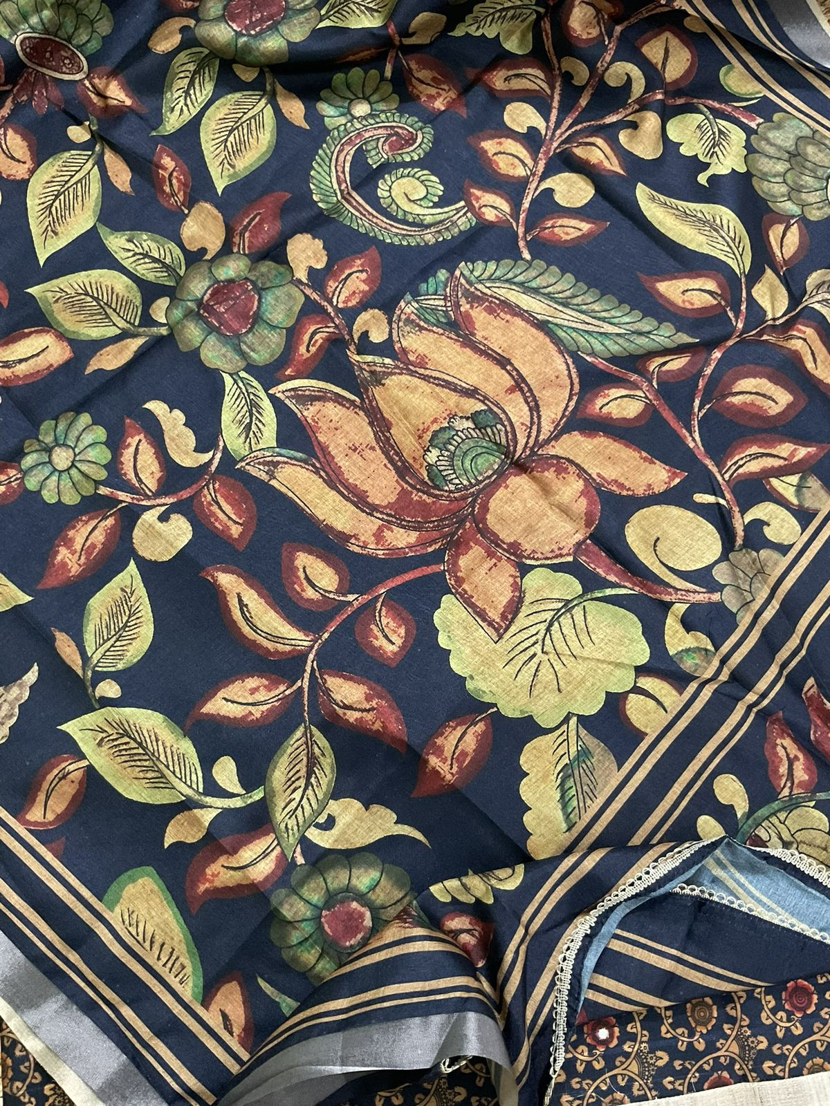 Soft Semi Tussar Silk Printed Embroidered Suit - Blue