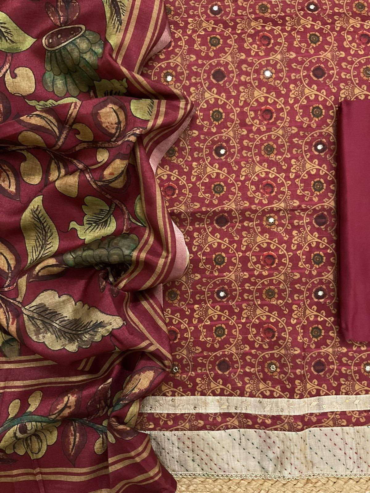 Soft Semi Tussar Silk Printed Embroidered Suit - Maroon