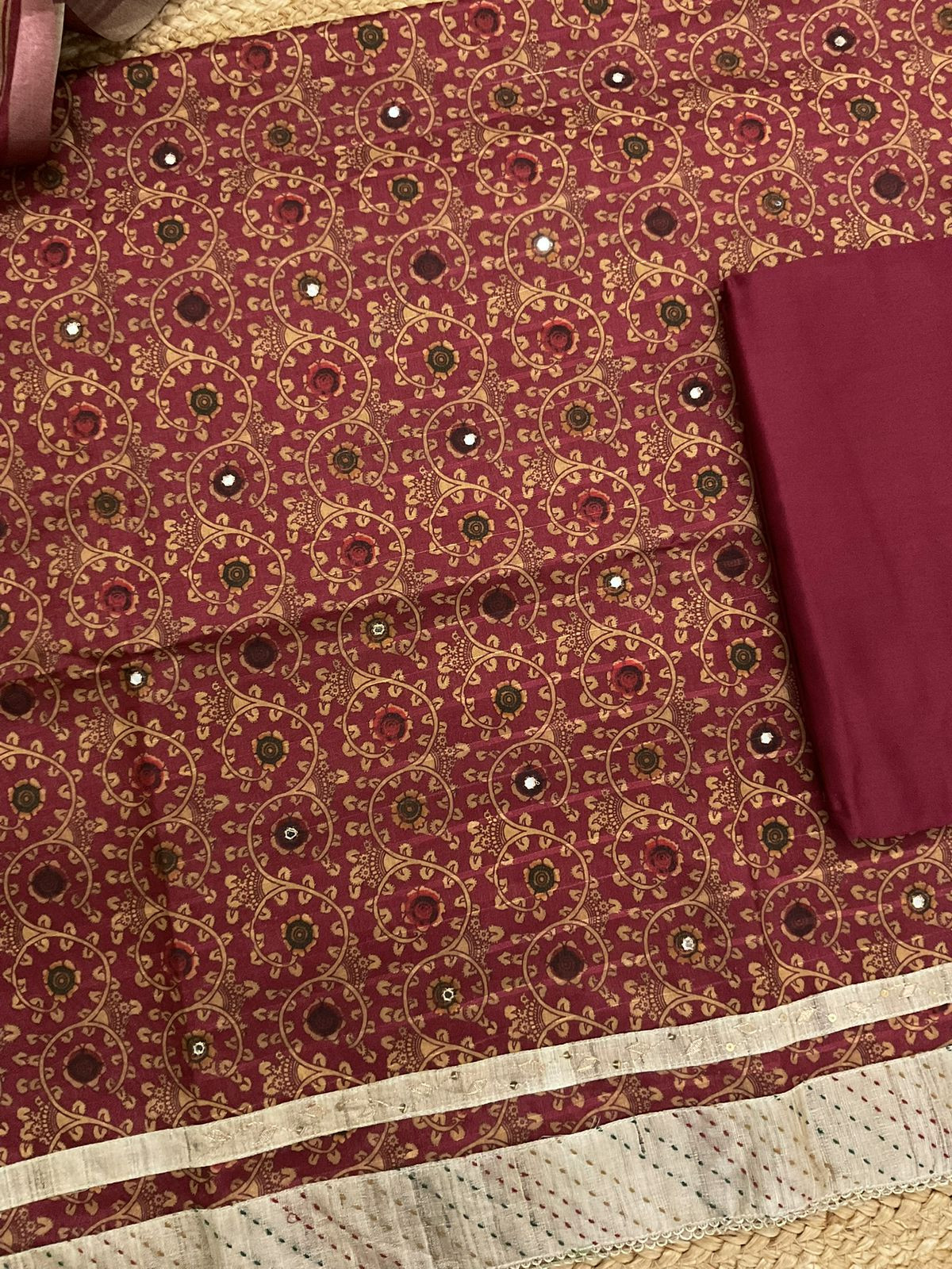 Soft Semi Tussar Silk Printed Embroidered Suit - Maroon