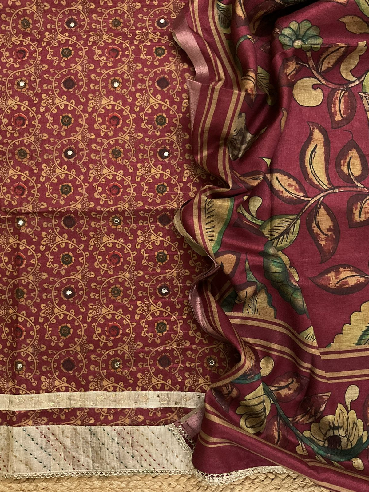 Soft Semi Tussar Silk Printed Embroidered Suit - Maroon