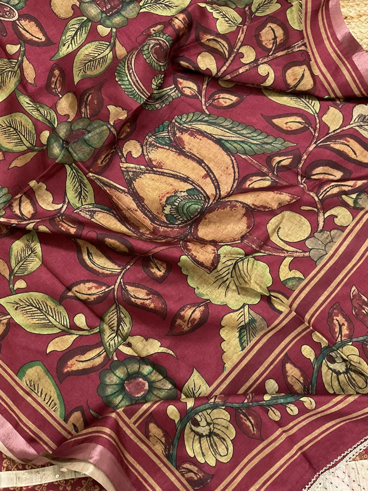 Soft Semi Tussar Silk Printed Embroidered Suit - Maroon