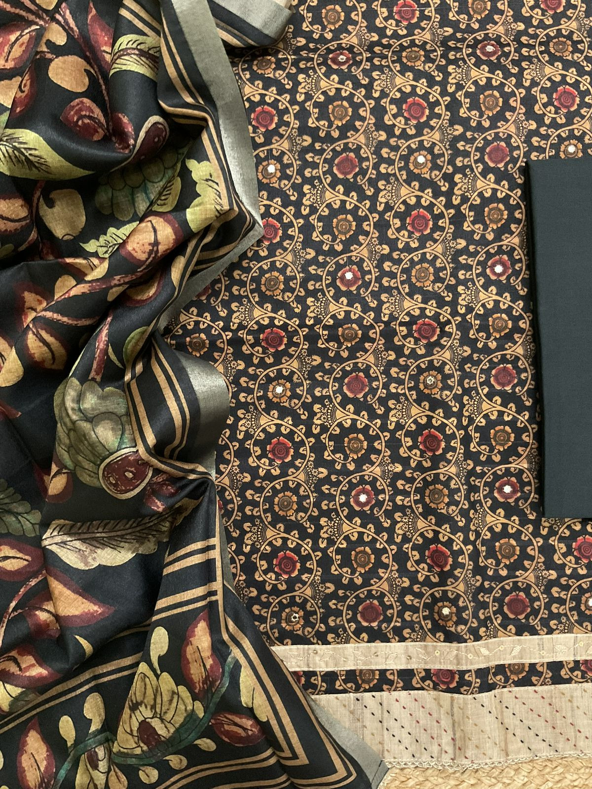 Soft Semi Tussar Silk Printed Embroidered Suit - Black