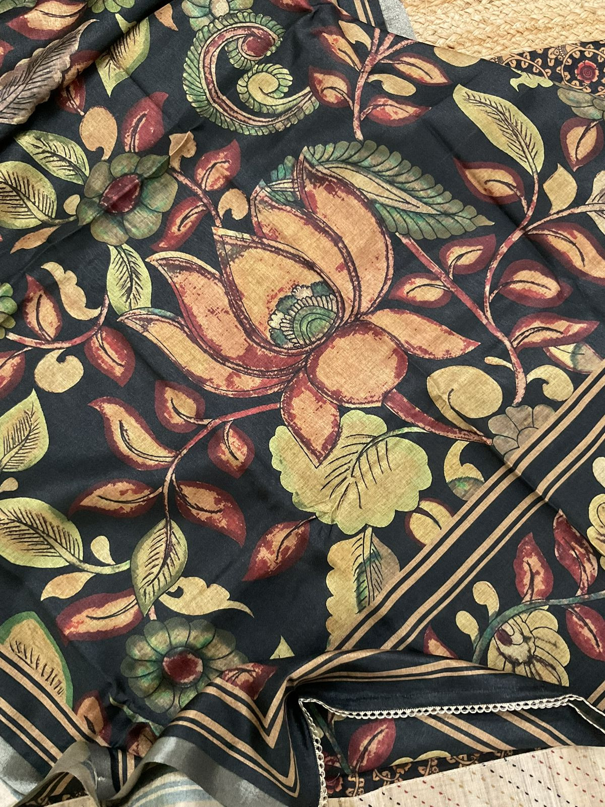 Soft Semi Tussar Silk Printed Embroidered Suit - Black