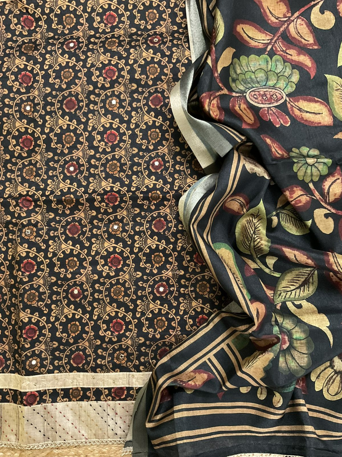 Soft Semi Tussar Silk Printed Embroidered Suit - Black