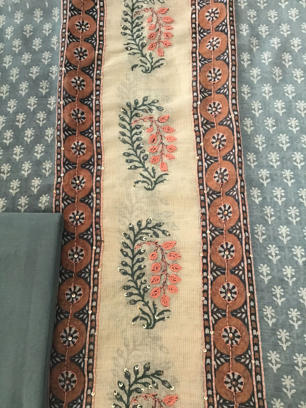 Soft Semi Jute Cotton Printed Embroidered Suit - Grey