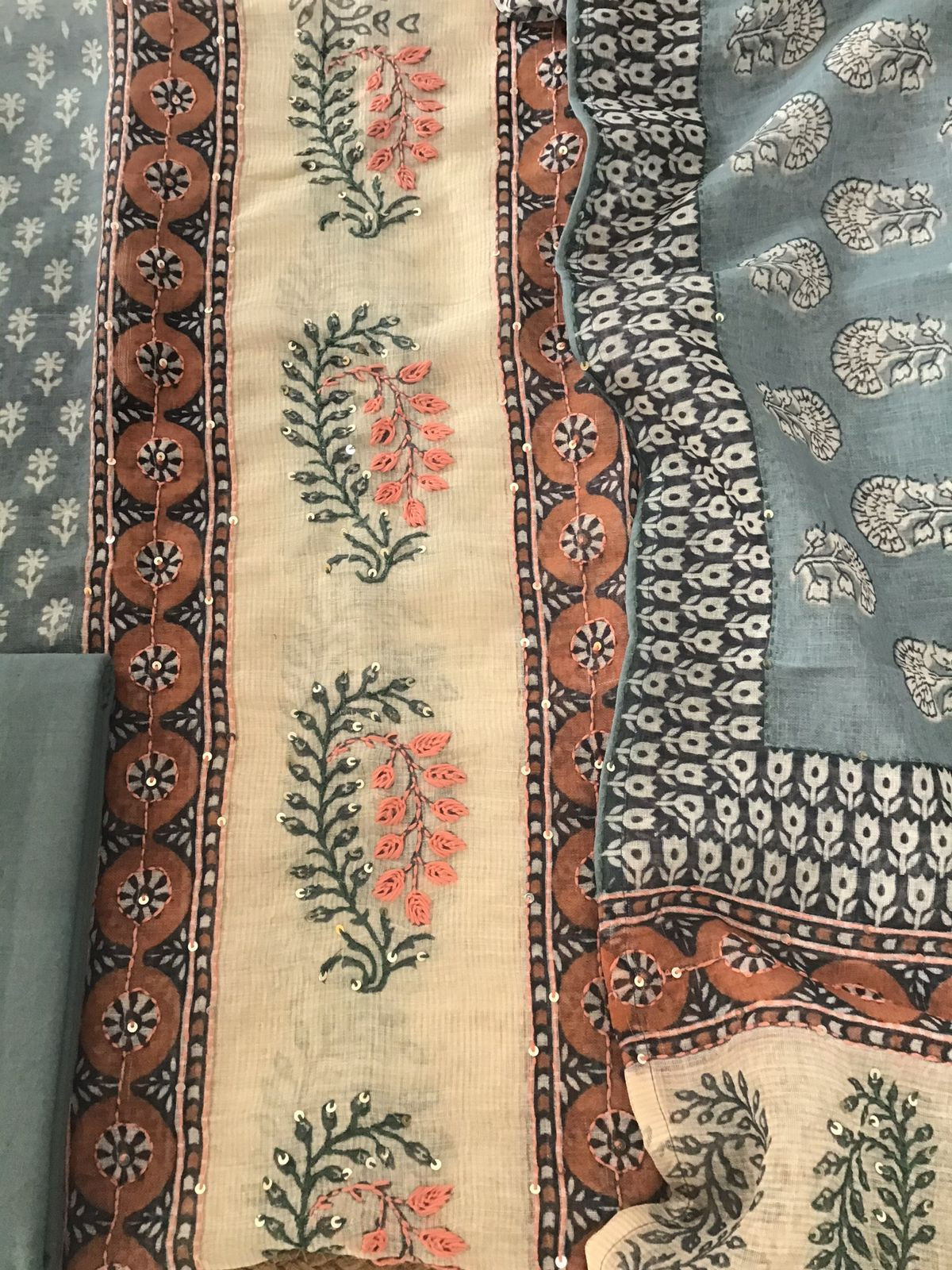 Soft Semi Jute Cotton Printed Embroidered Suit - Grey