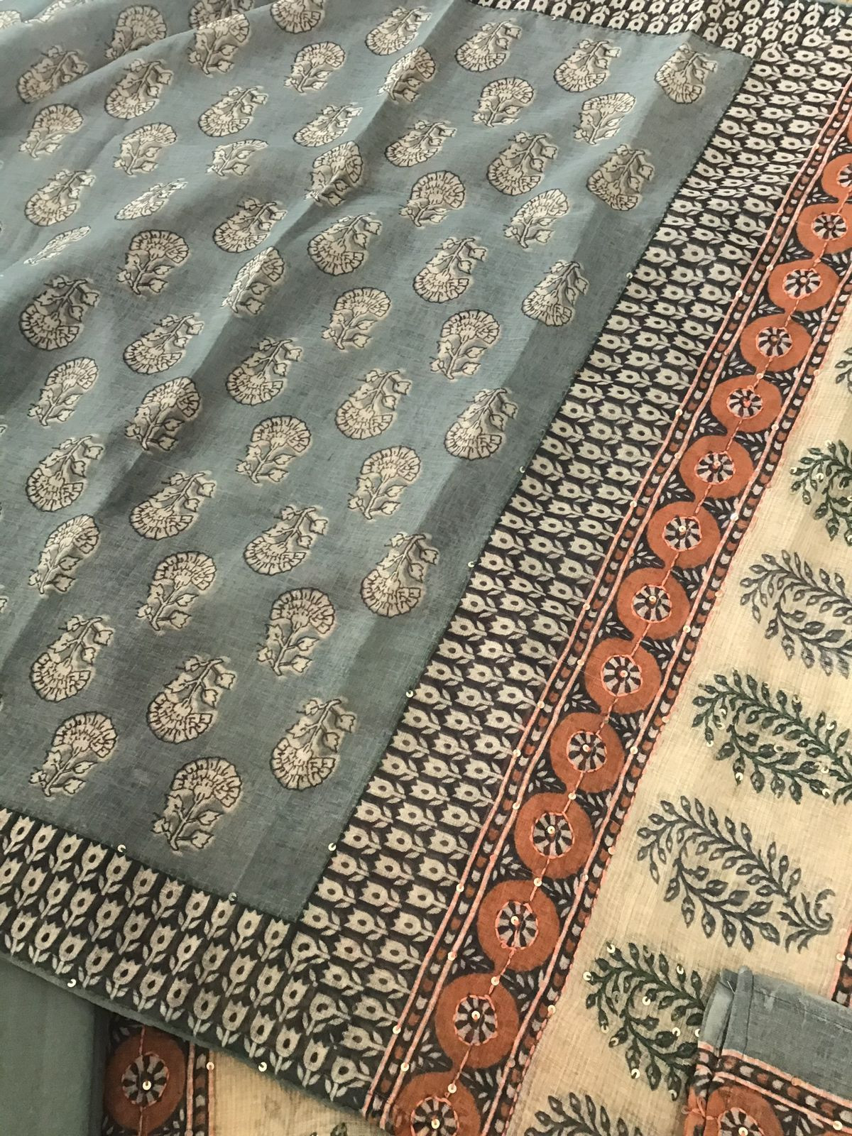 Soft Semi Jute Cotton Printed Embroidered Suit - Grey