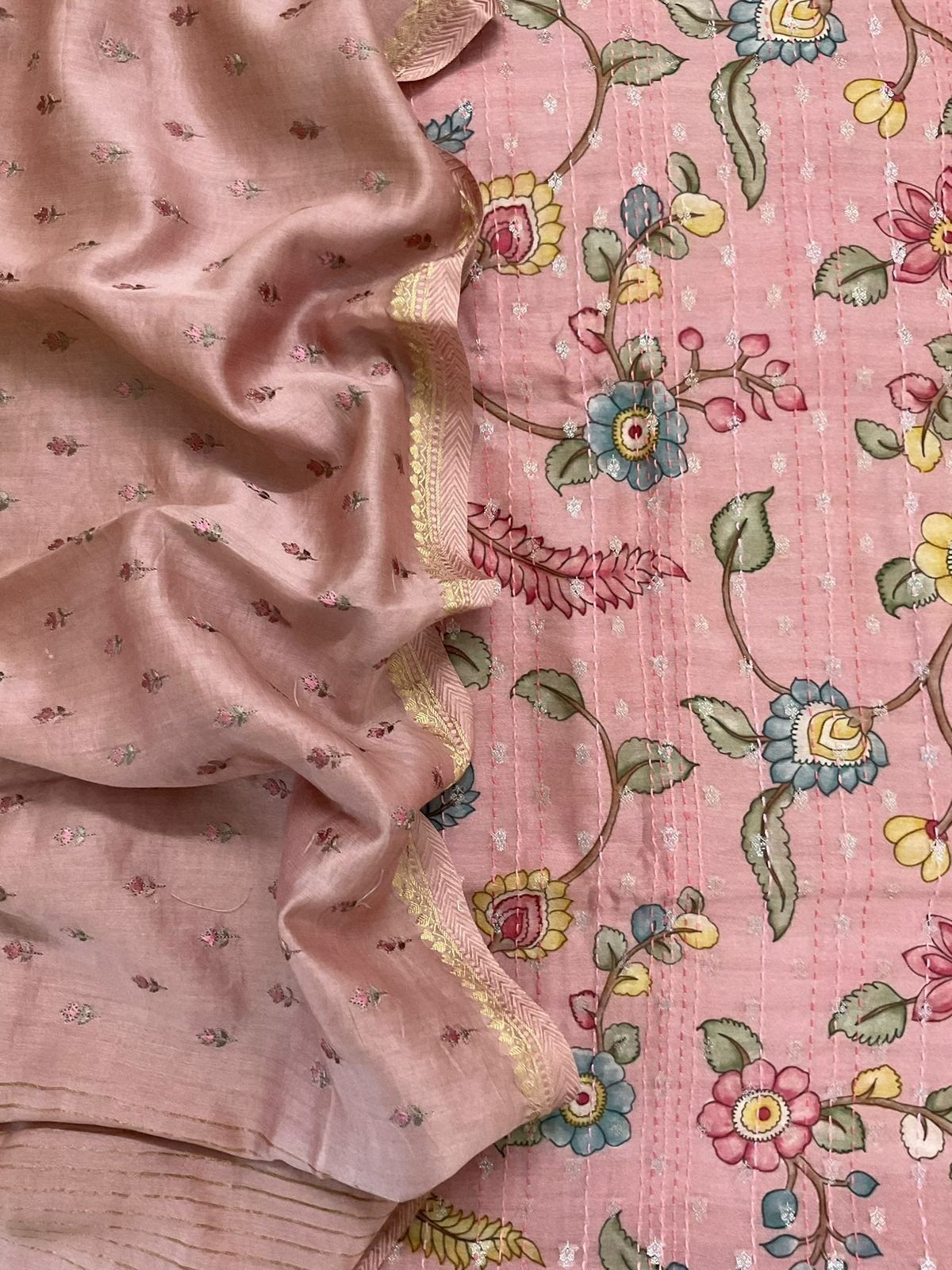 Pure Mul Chanderi Printed Embroidered Banarasi Weaved Suit - Onion Pink