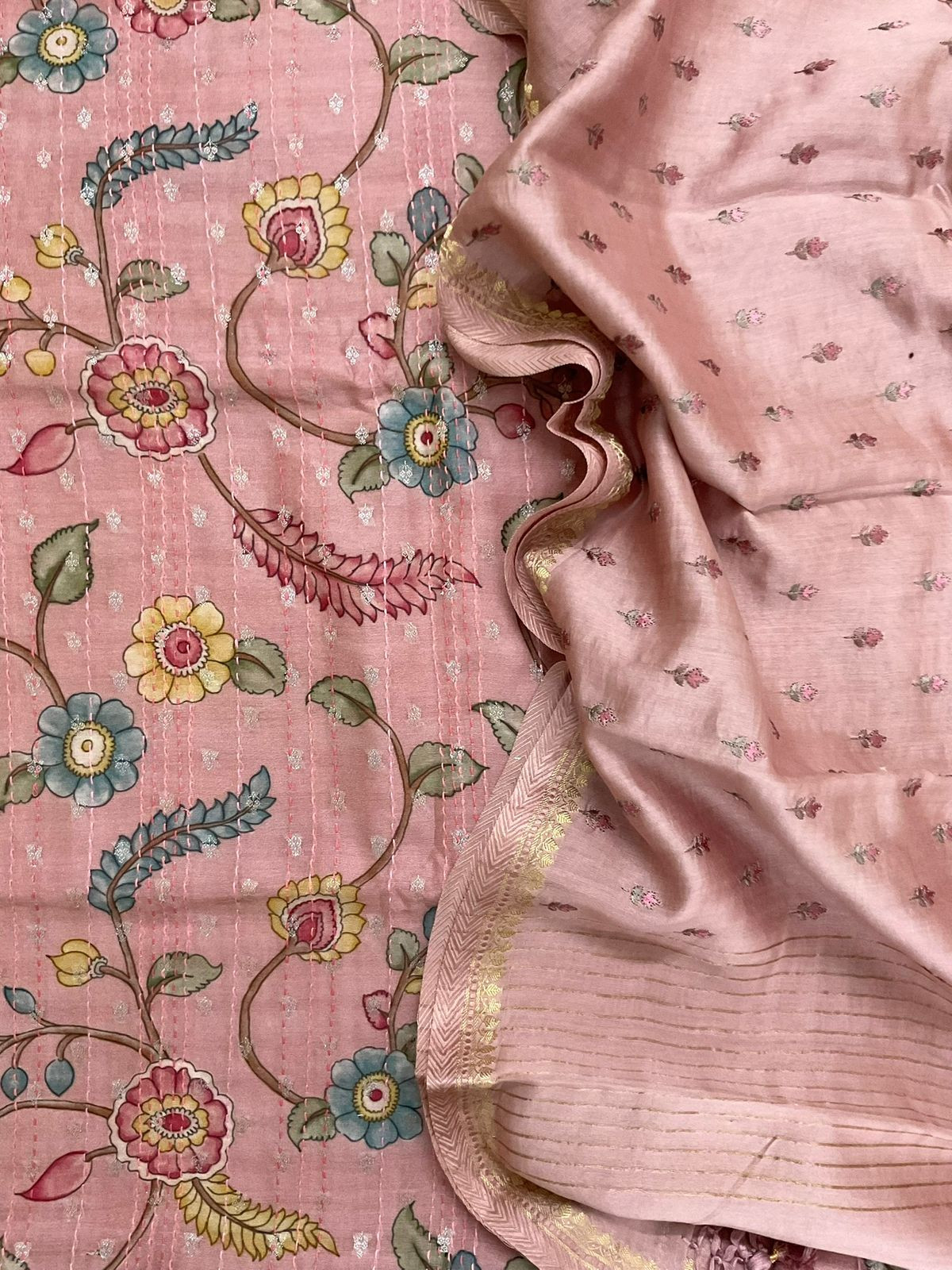 Pure Mul Chanderi Printed Embroidered Banarasi Weaved Suit - Onion Pink