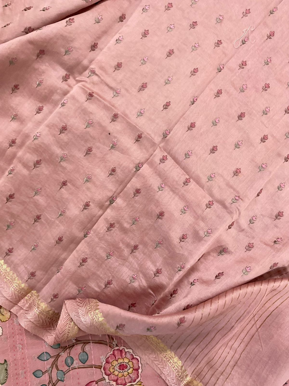 Pure Mul Chanderi Printed Embroidered Banarasi Weaved Suit - Onion Pink