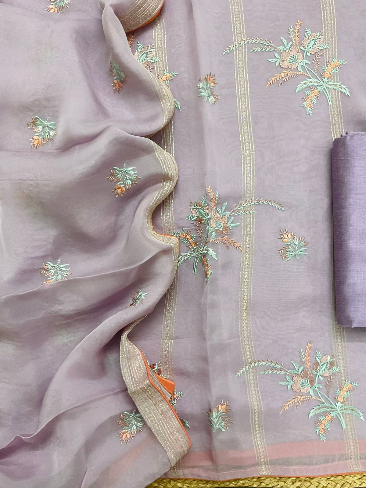 Pure Organza Embroidered Suit - Lavender
