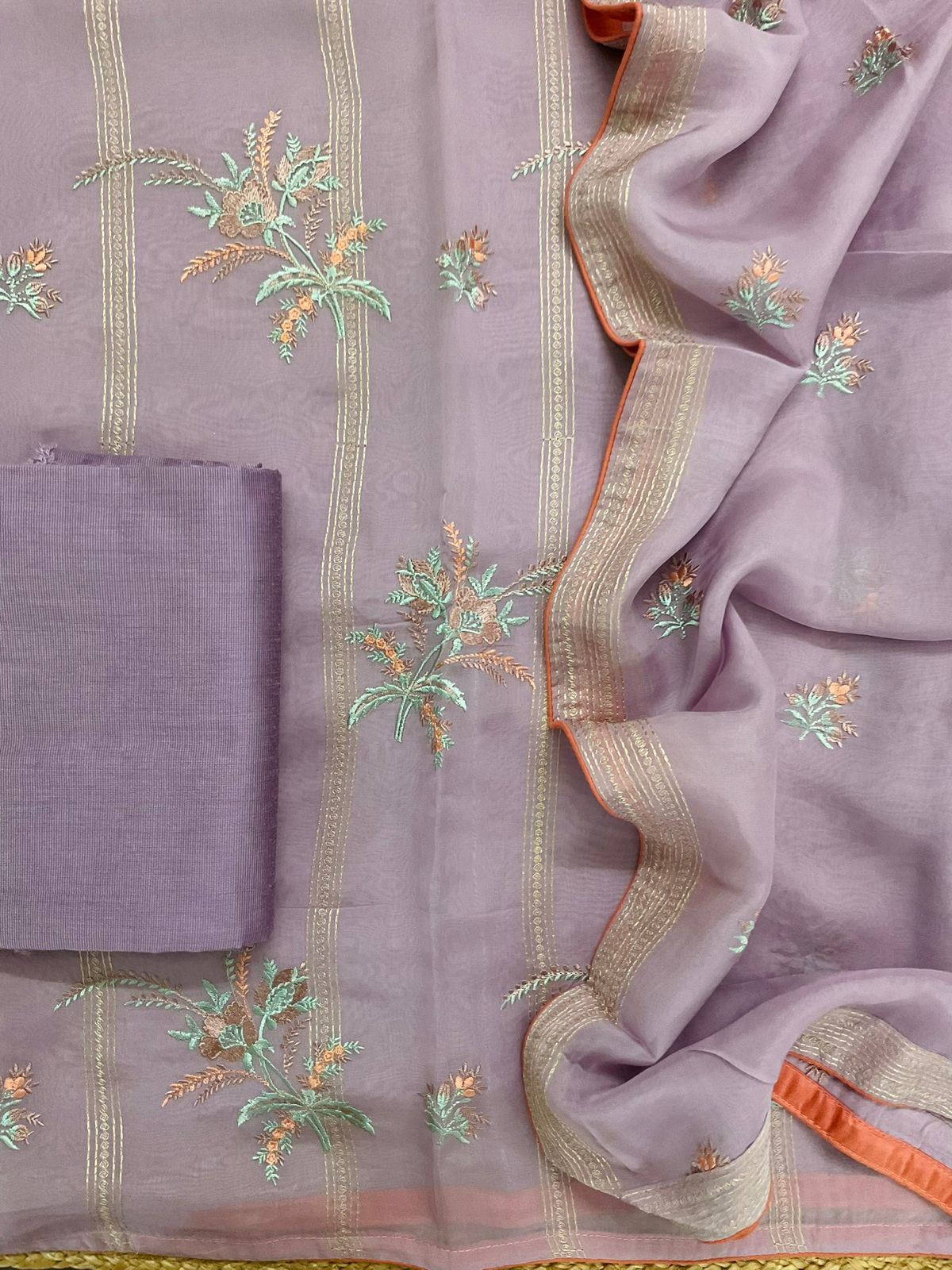 Pure Organza Embroidered Suit - Lavender