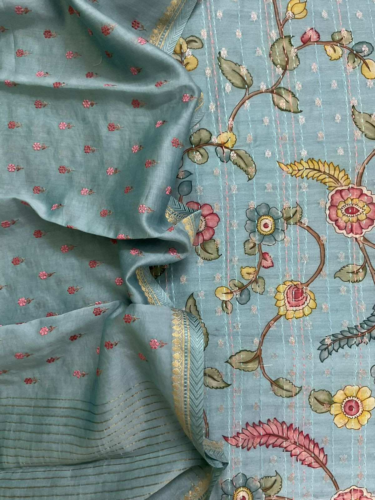 Pure Mul Chanderi Printed Embroidered Banarasi Weaved Suit - Blue