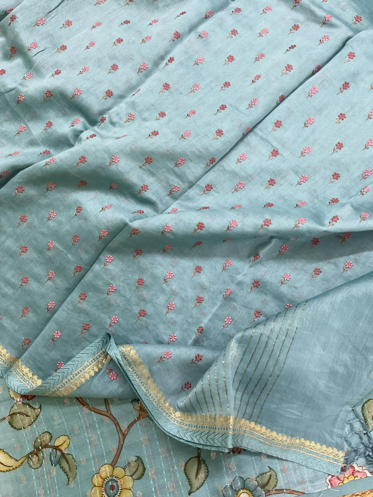 Pure Mul Chanderi Printed Embroidered Banarasi Weaved Suit - Blue