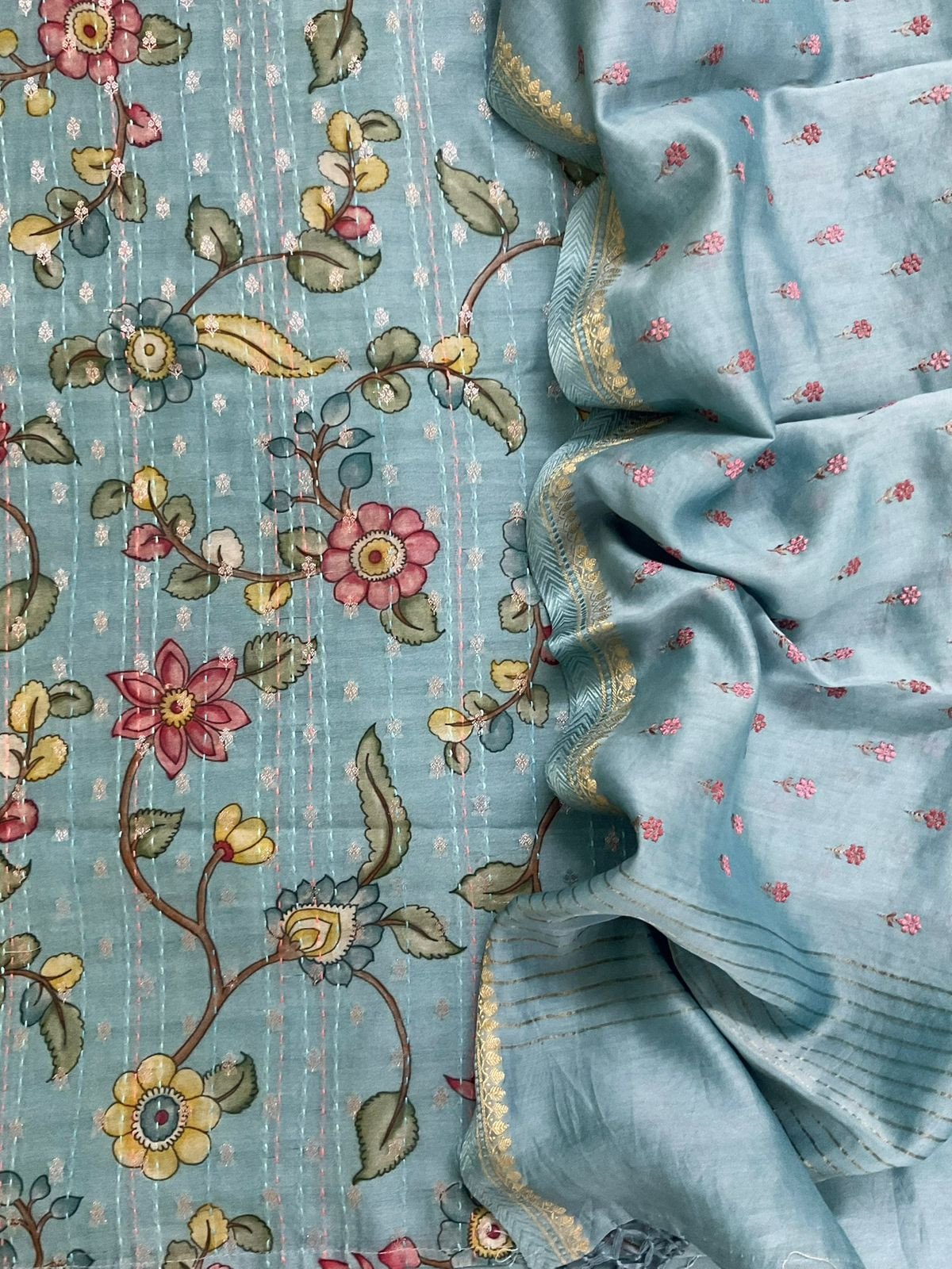 Pure Mul Chanderi Printed Embroidered Banarasi Weaved Suit - Blue