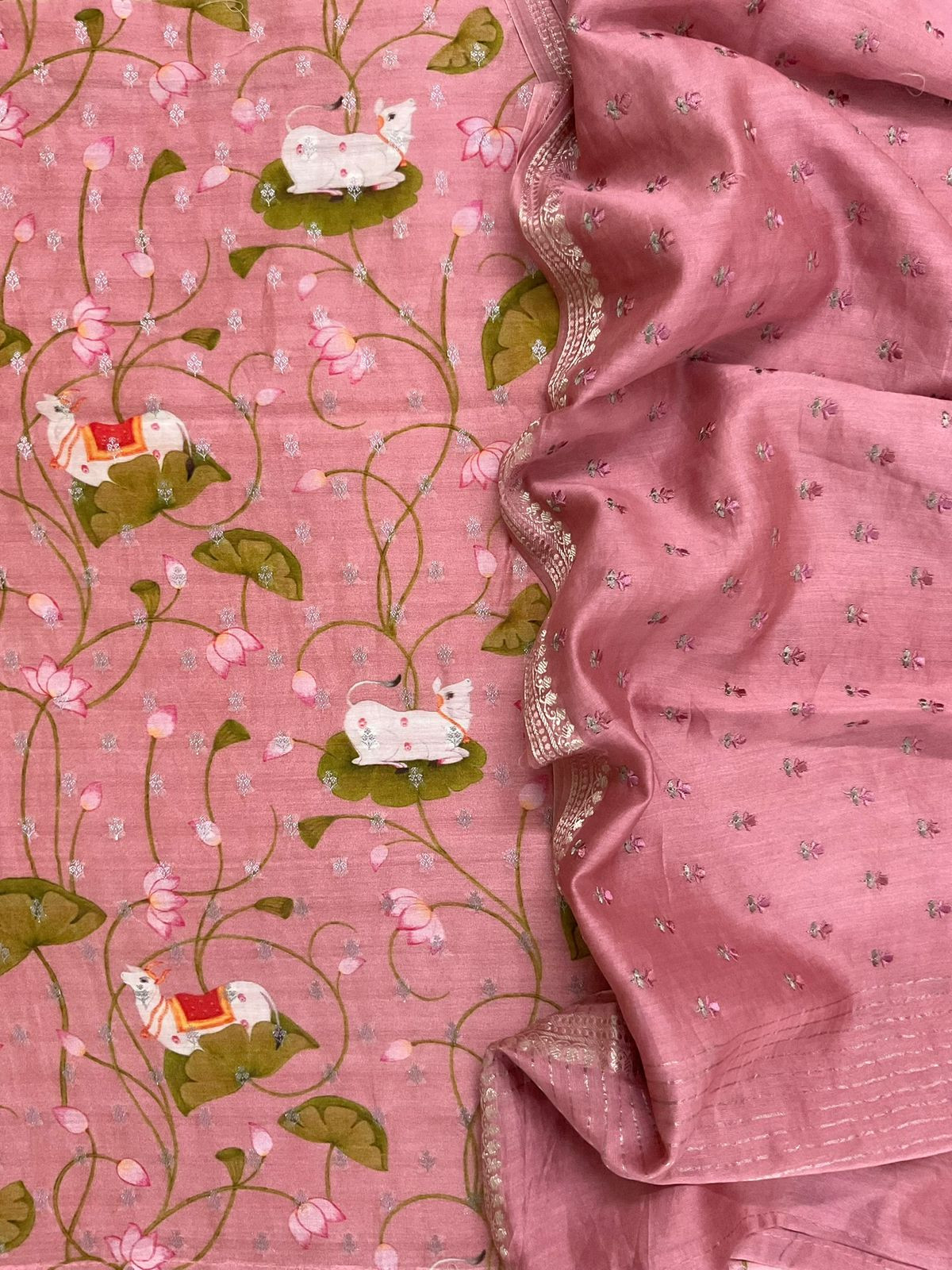 Pure Mul Chanderi Printed Embroidered Banarasi Weaved Suit - Onion Pink