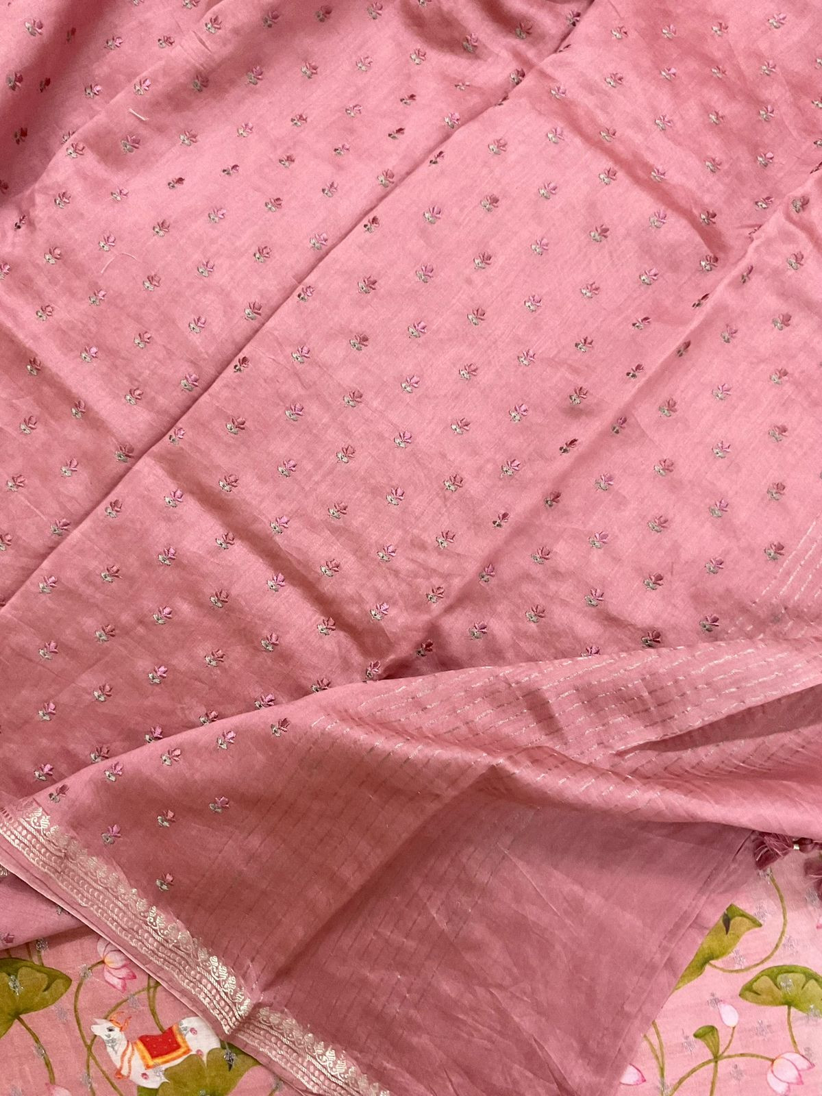 Pure Mul Chanderi Printed Embroidered Banarasi Weaved Suit - Onion Pink