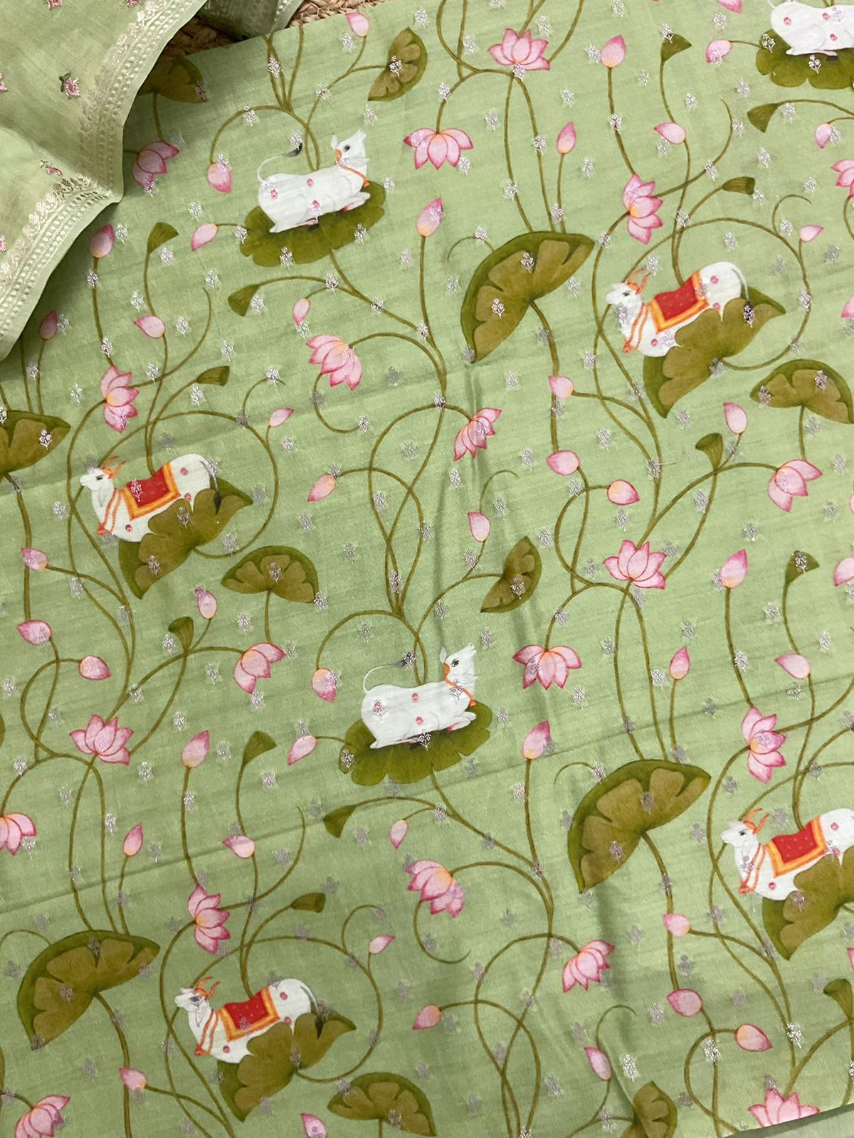 Pure Mul Chanderi Printed Embroidered Banarasi Weaved Suit - Green