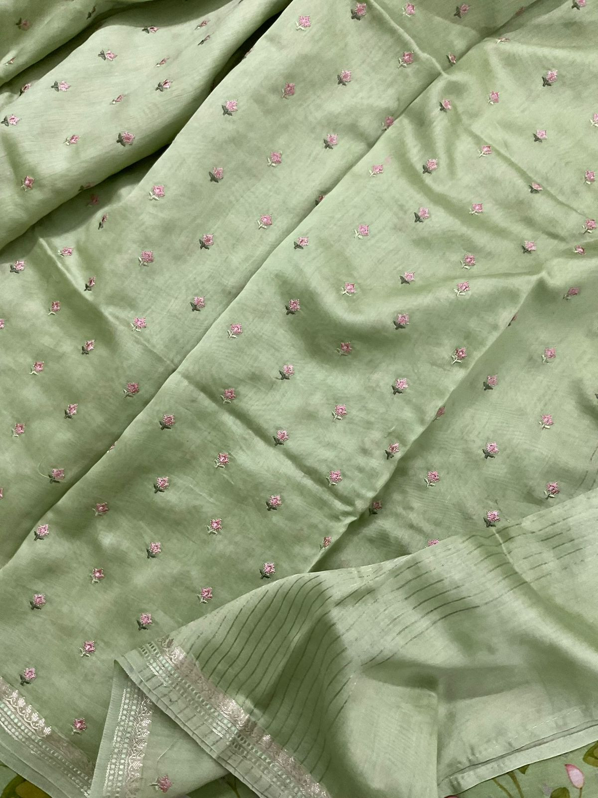 Pure Mul Chanderi Printed Embroidered Banarasi Weaved Suit - Green