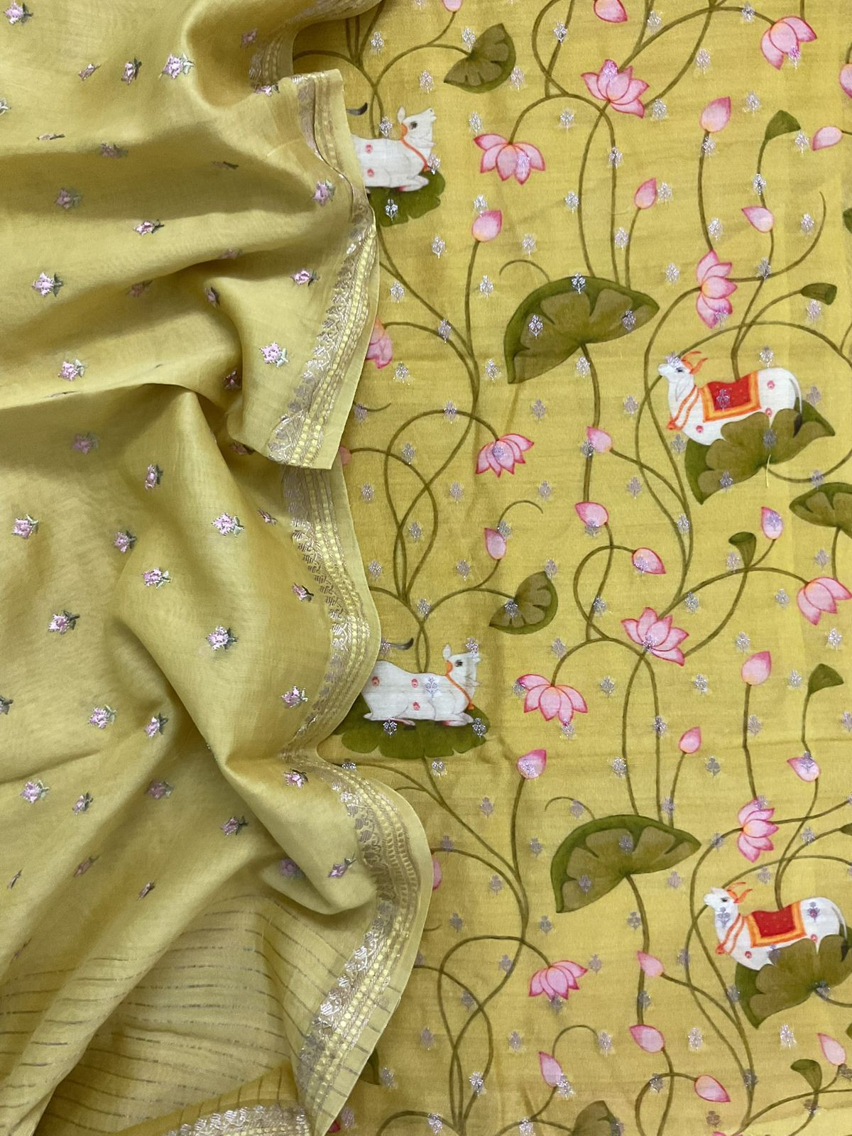 Pure Mul Chanderi Printed Embroidered Banarasi Weaved Suit - Yellow