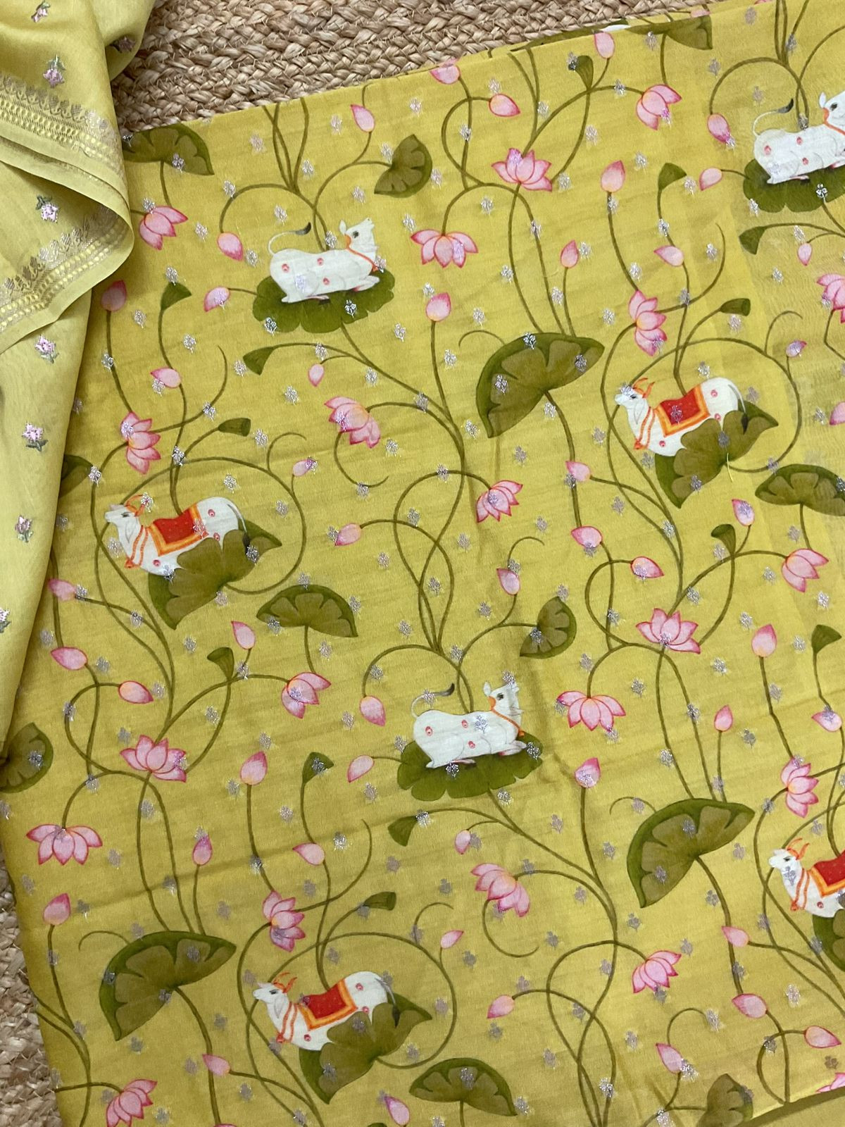 Pure Mul Chanderi Printed Embroidered Banarasi Weaved Suit - Yellow