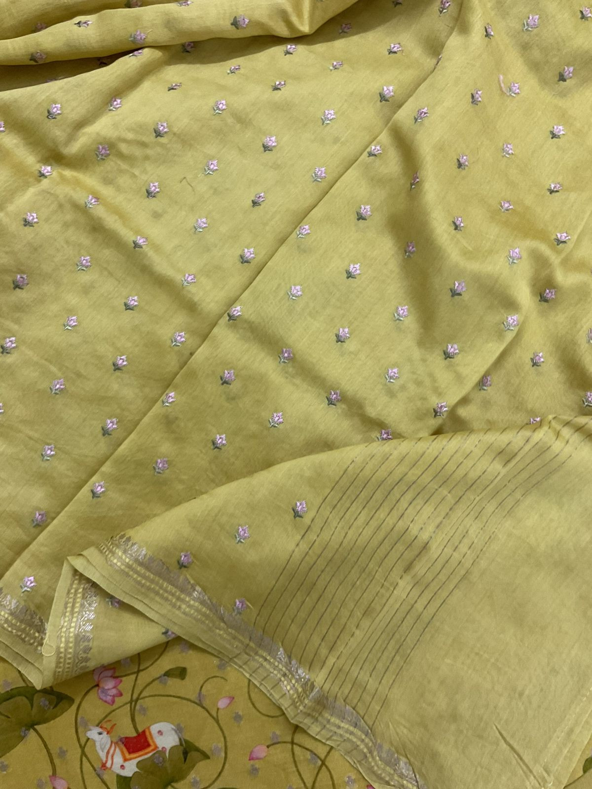 Pure Mul Chanderi Printed Embroidered Banarasi Weaved Suit - Yellow