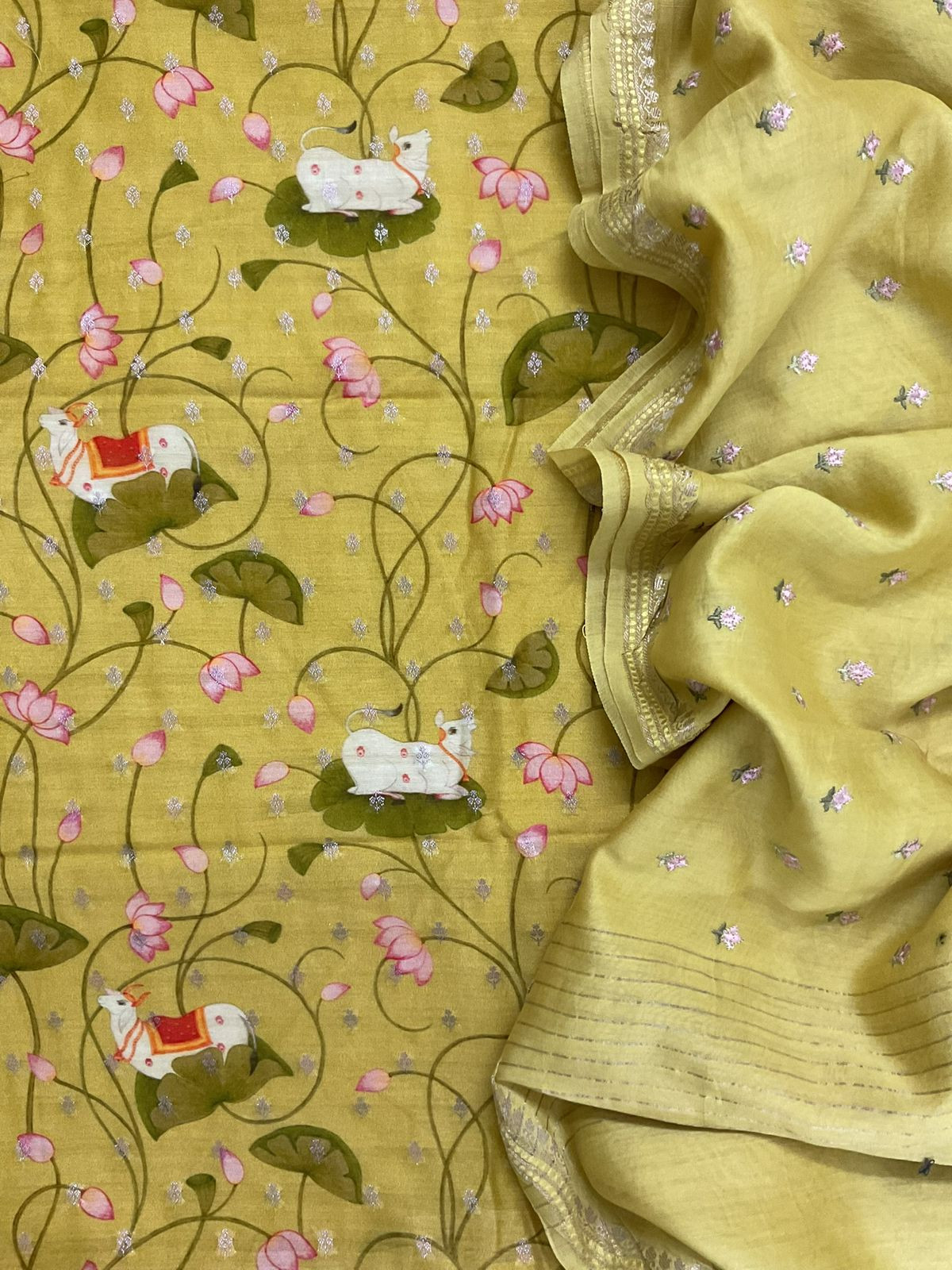 Pure Mul Chanderi Printed Embroidered Banarasi Weaved Suit - Yellow