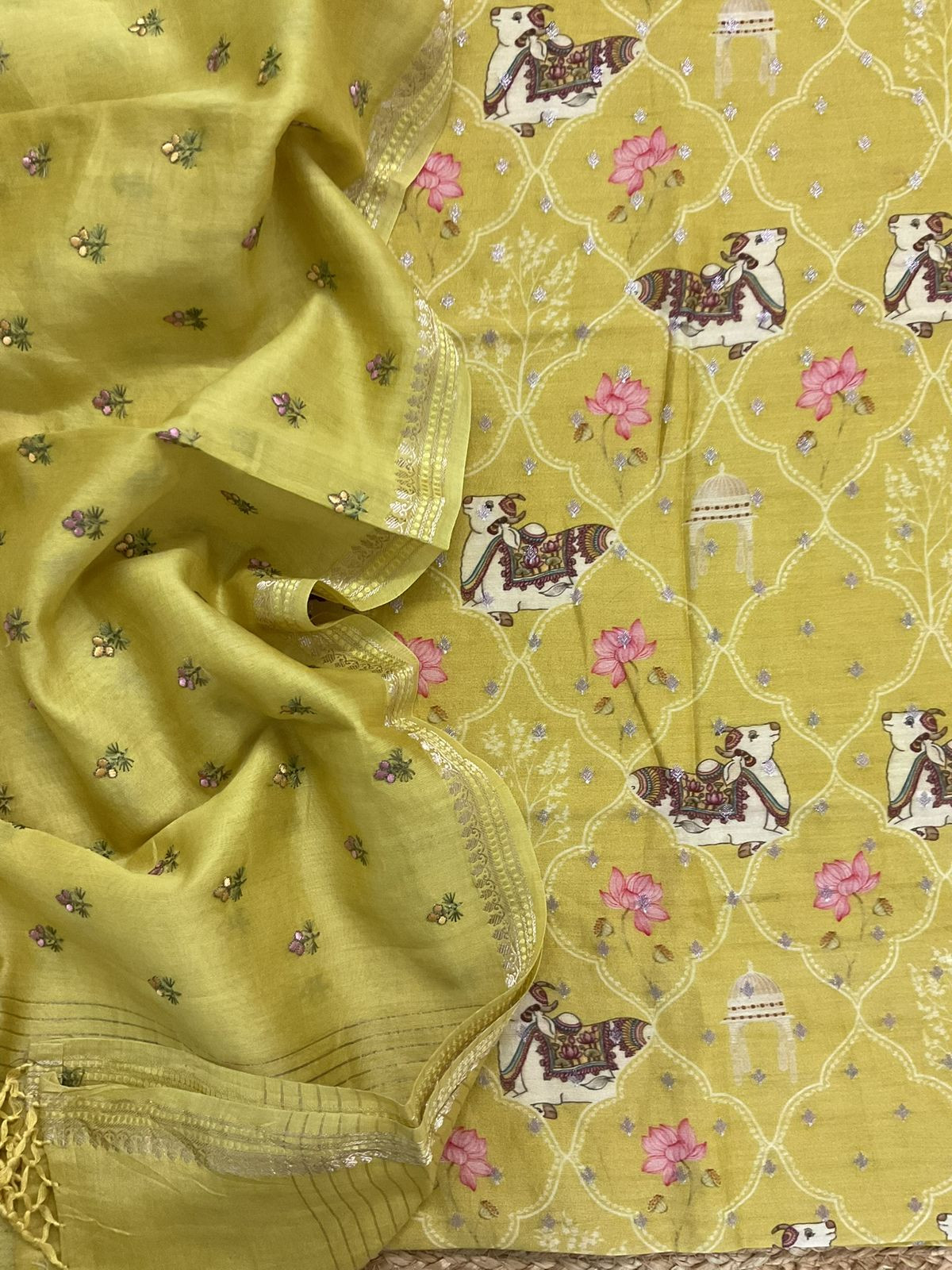 Pure Mul Chanderi Printed Embroidered Banarasi Weaved Suit - Yellow