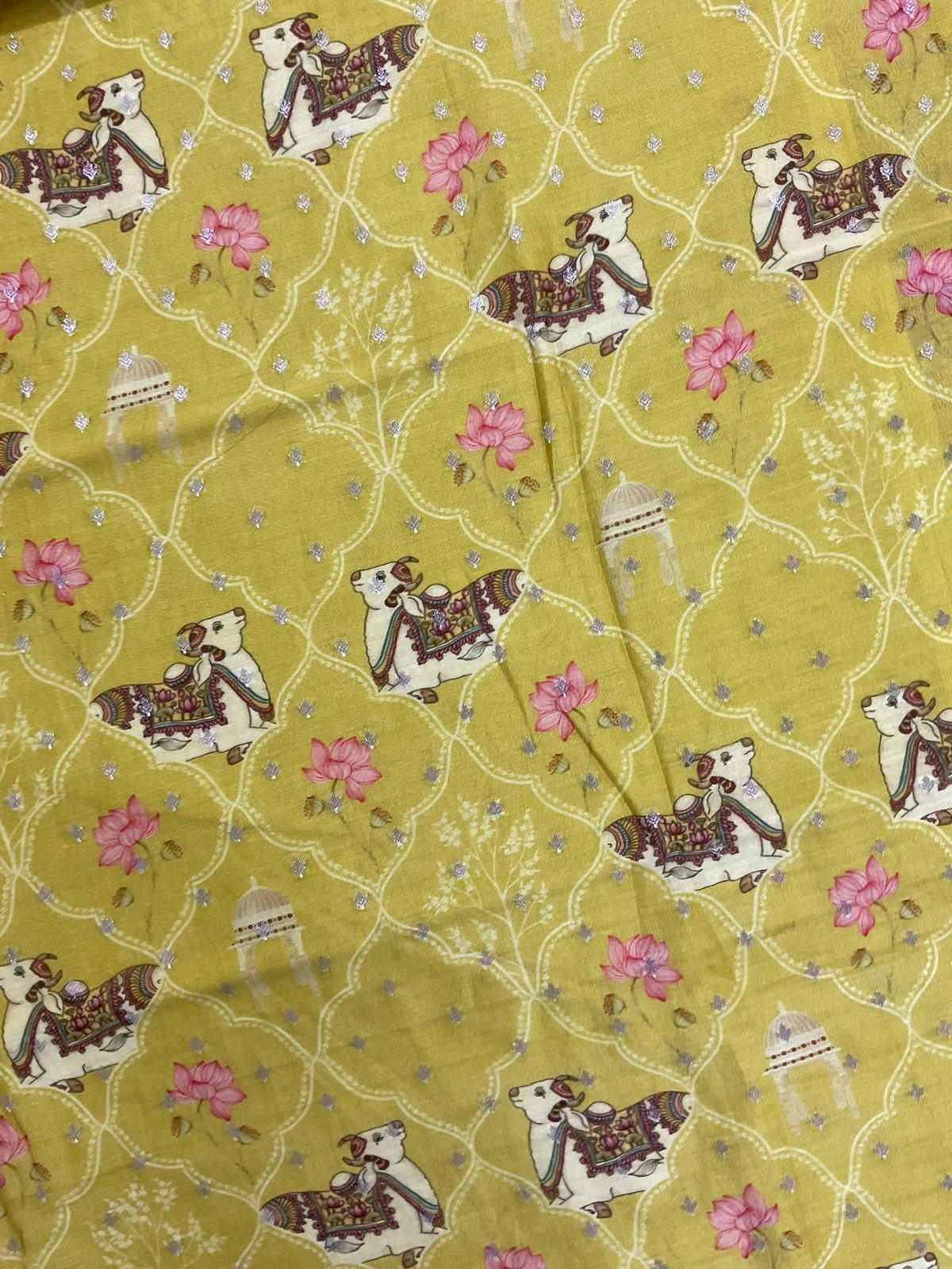 Pure Mul Chanderi Printed Embroidered Banarasi Weaved Suit - Yellow