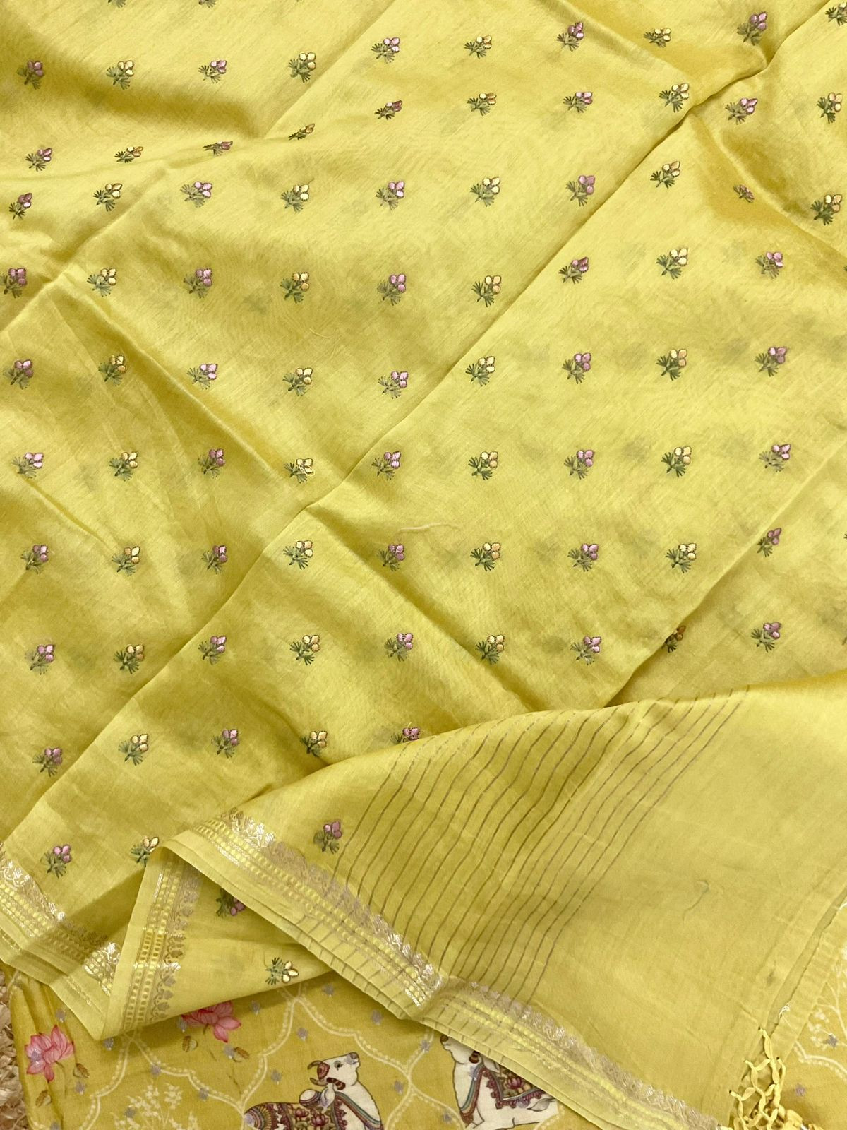 Pure Mul Chanderi Printed Embroidered Banarasi Weaved Suit - Yellow