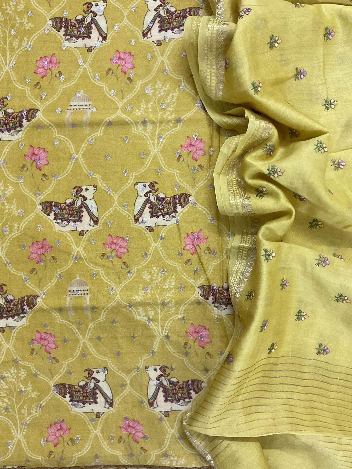 Pure Mul Chanderi Printed Embroidered Banarasi Weaved Suit - Yellow