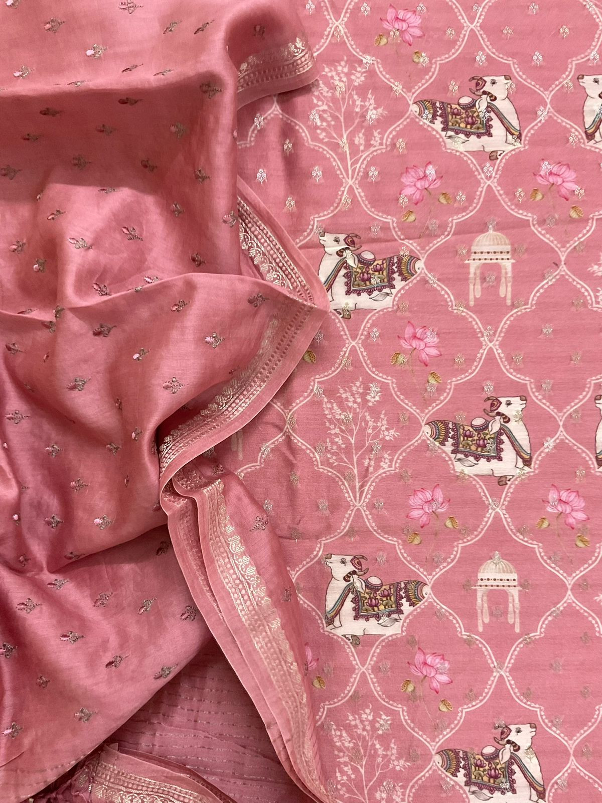Pure Mul Chanderi Printed Embroidered Banarasi Weaved Suit - Onion Pink