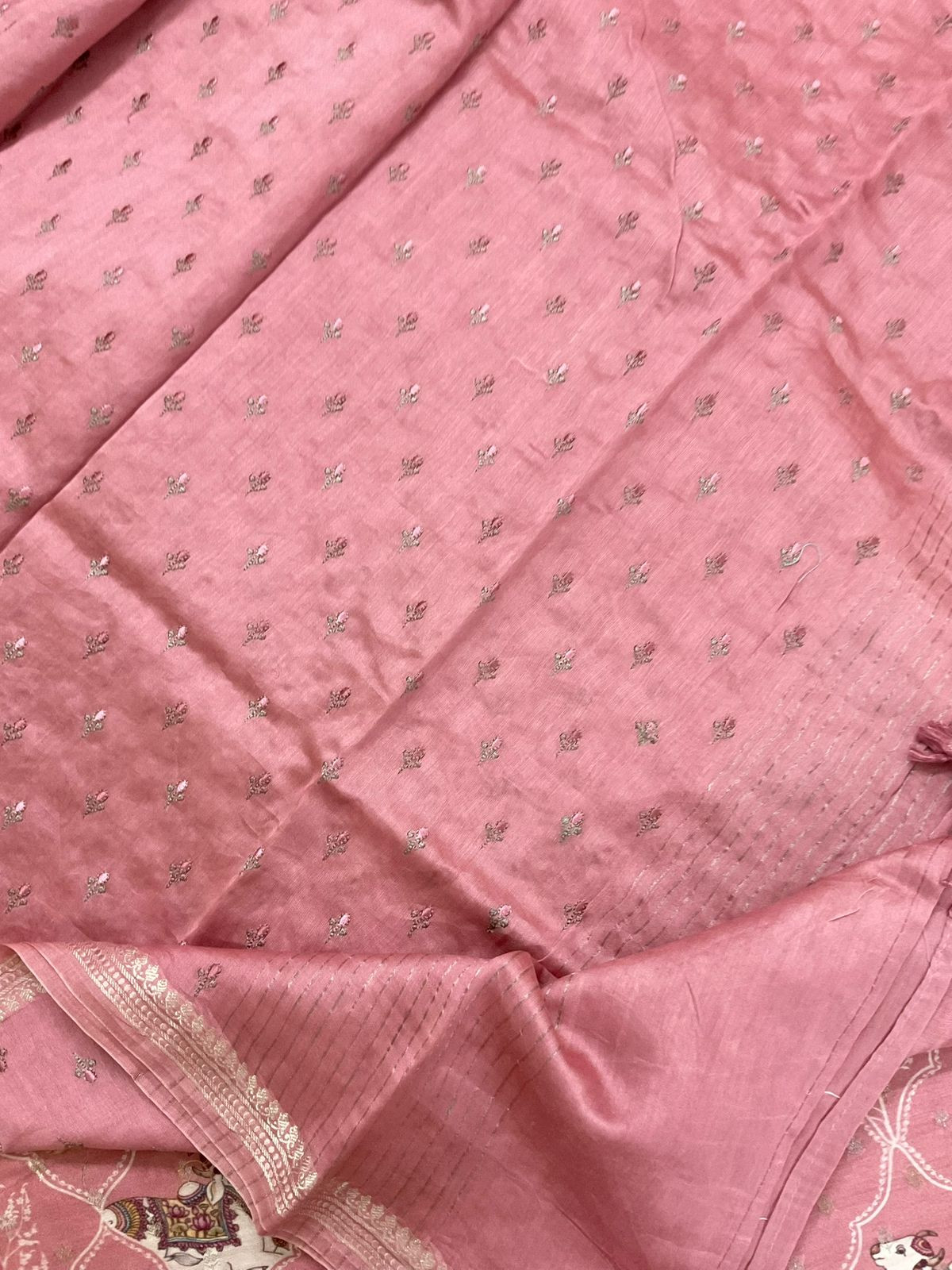 Pure Mul Chanderi Printed Embroidered Banarasi Weaved Suit - Onion Pink