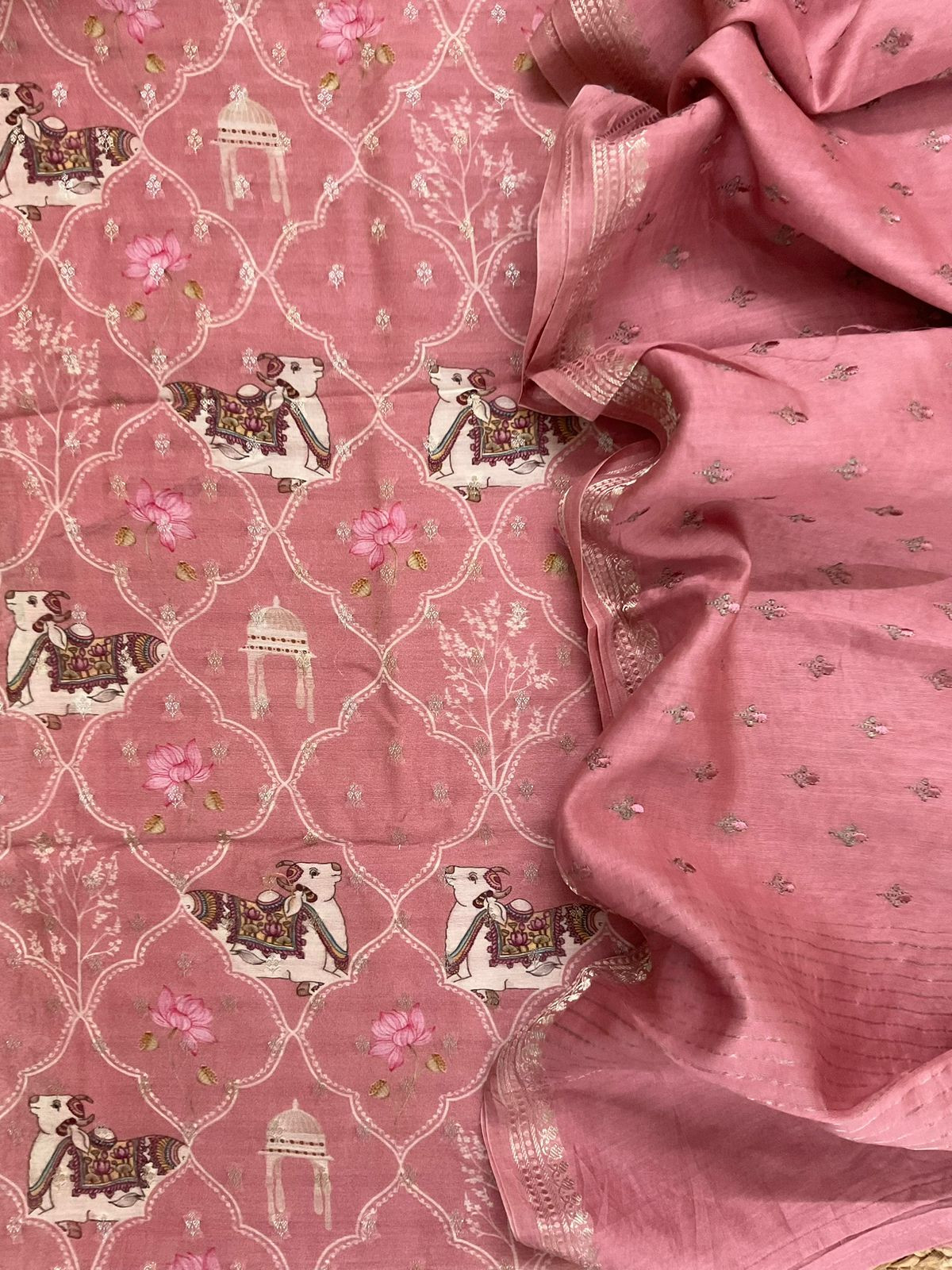 Pure Mul Chanderi Printed Embroidered Banarasi Weaved Suit - Onion Pink