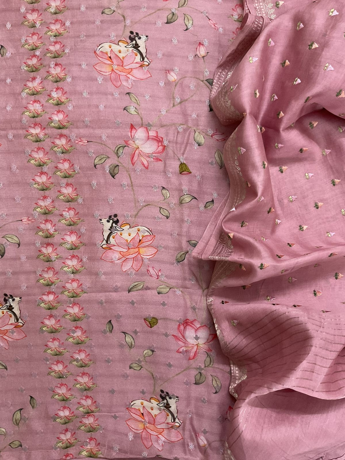 Pure Mul Chanderi Printed Embroidered Banarasi Weaved Suit - Onion Pink