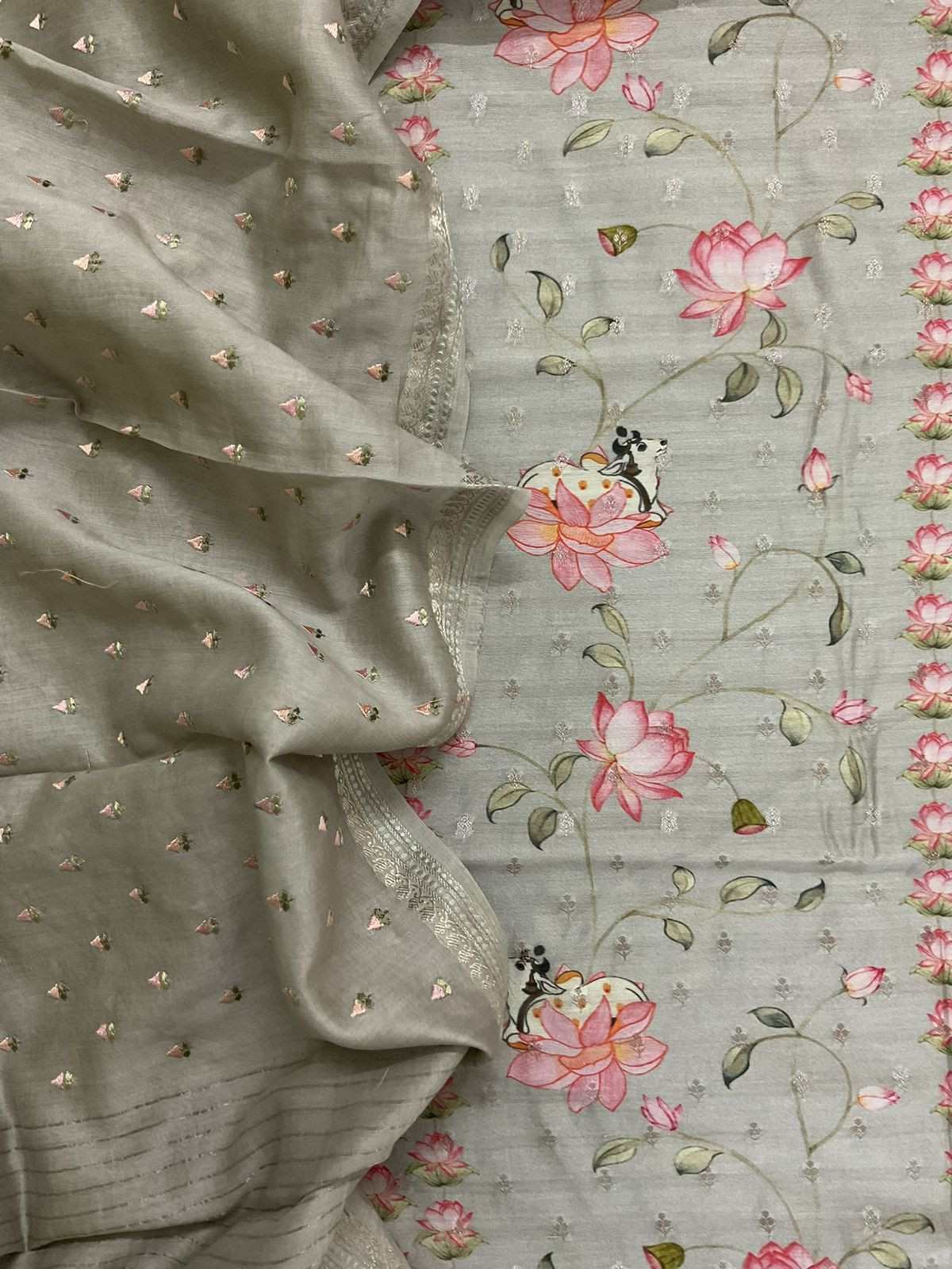 Pure Mul Chanderi Printed Embroidered Banarasi Weaved Suit - Grey