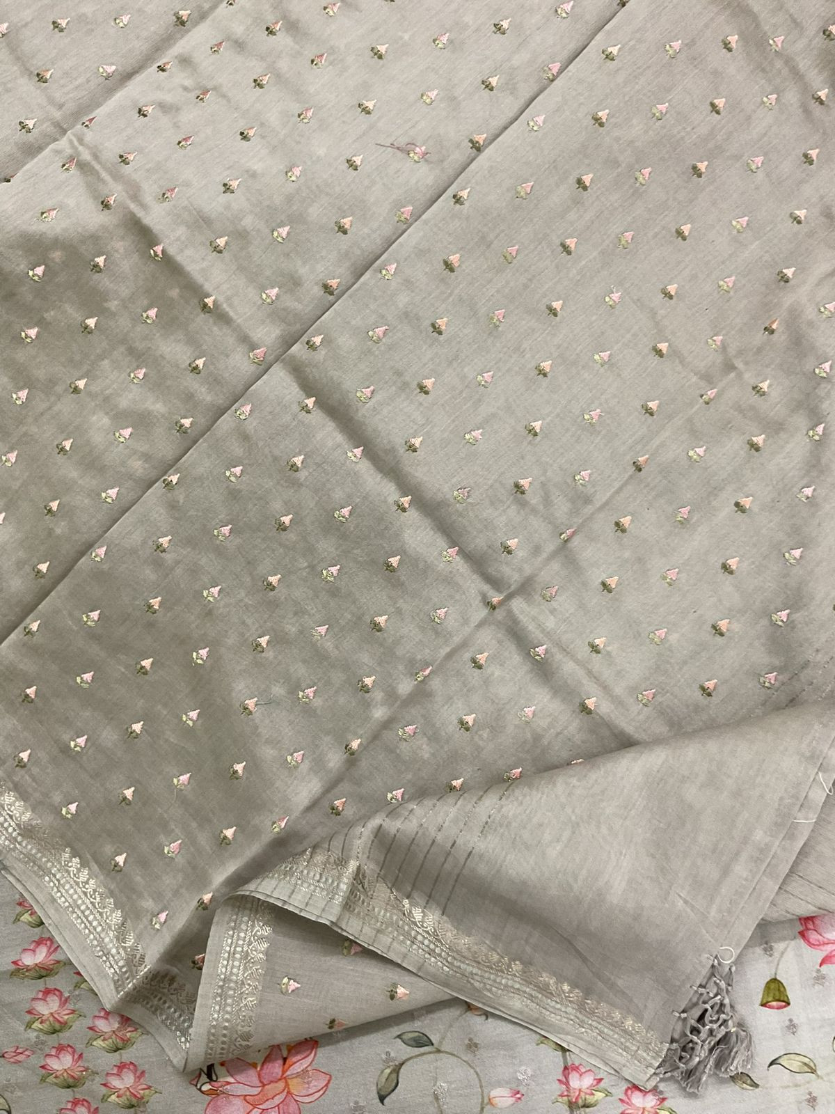 Pure Mul Chanderi Printed Embroidered Banarasi Weaved Suit - Grey