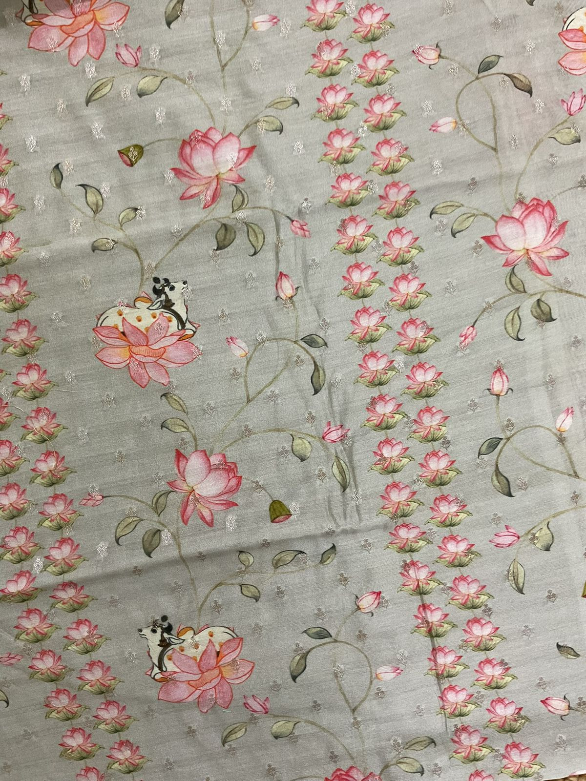 Pure Mul Chanderi Printed Embroidered Banarasi Weaved Suit - Grey