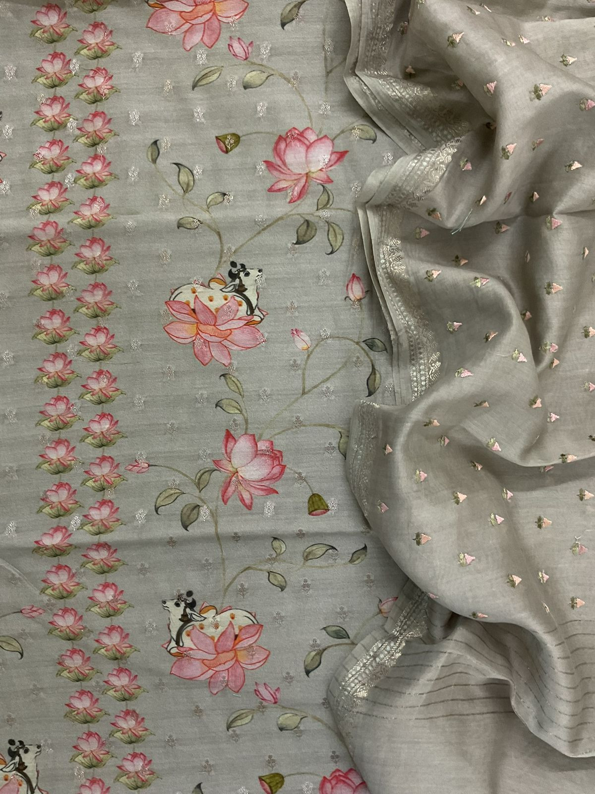 Pure Mul Chanderi Printed Embroidered Banarasi Weaved Suit - Grey