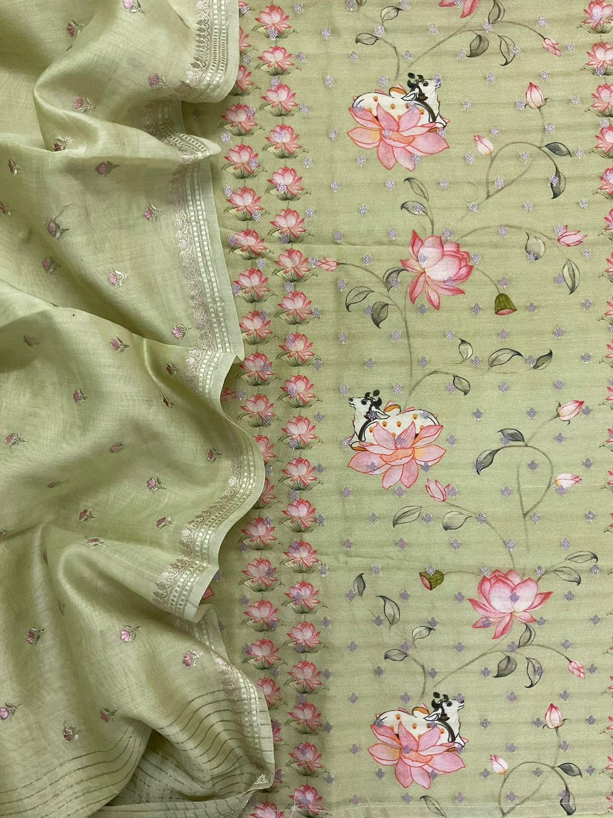 Pure Mul Chanderi Printed Embroidered Banarasi Weaved Suit - Green