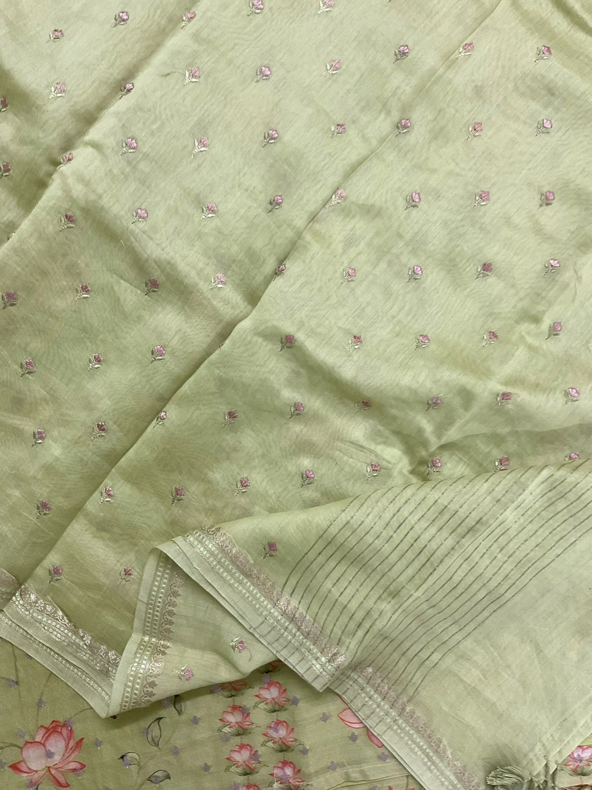 Pure Mul Chanderi Printed Embroidered Banarasi Weaved Suit - Green