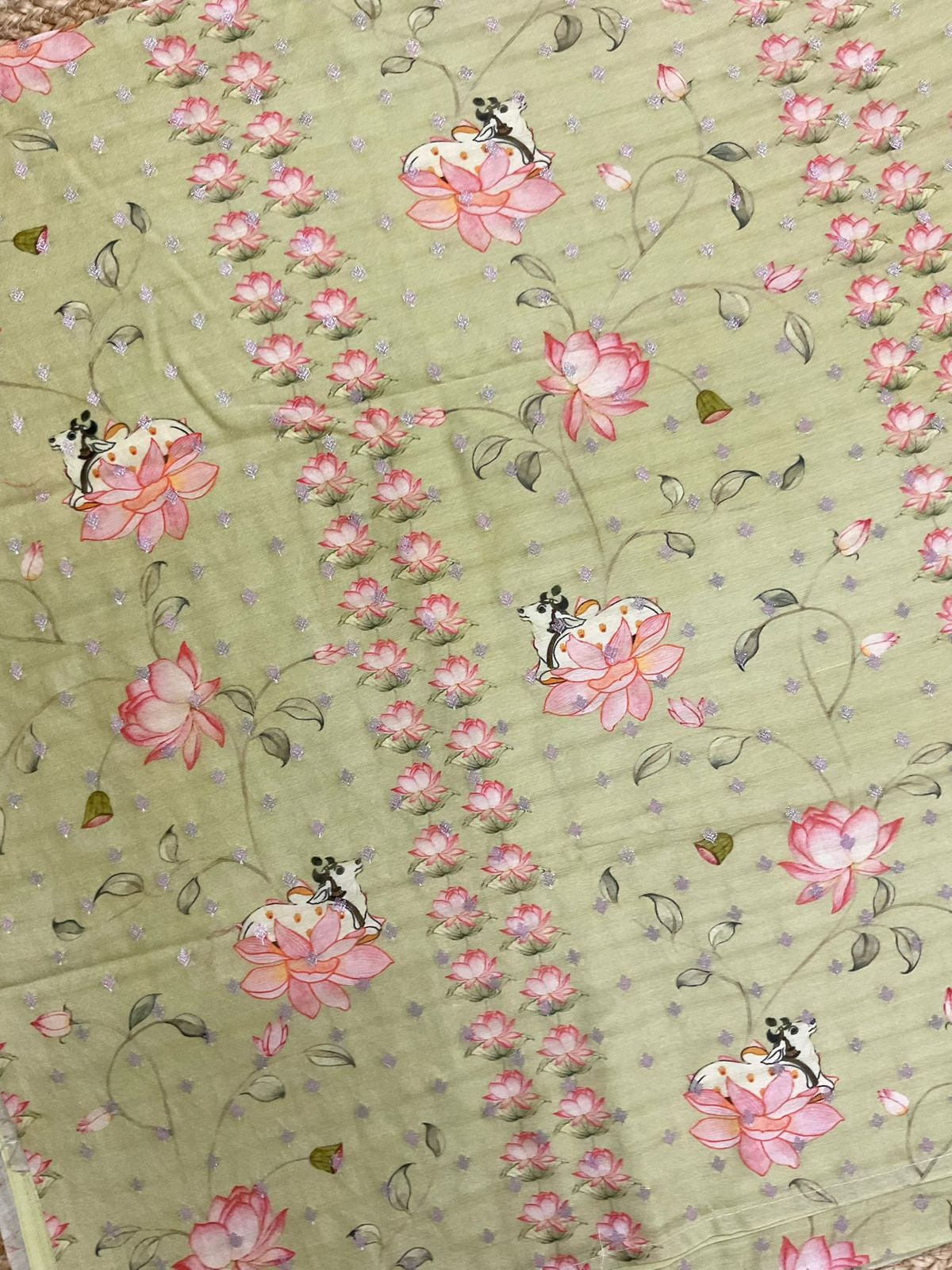 Pure Mul Chanderi Printed Embroidered Banarasi Weaved Suit - Green