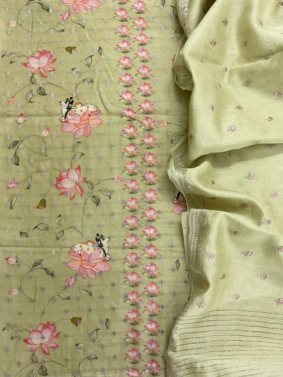 Pure Mul Chanderi Printed Embroidered Banarasi Weaved Suit - Green