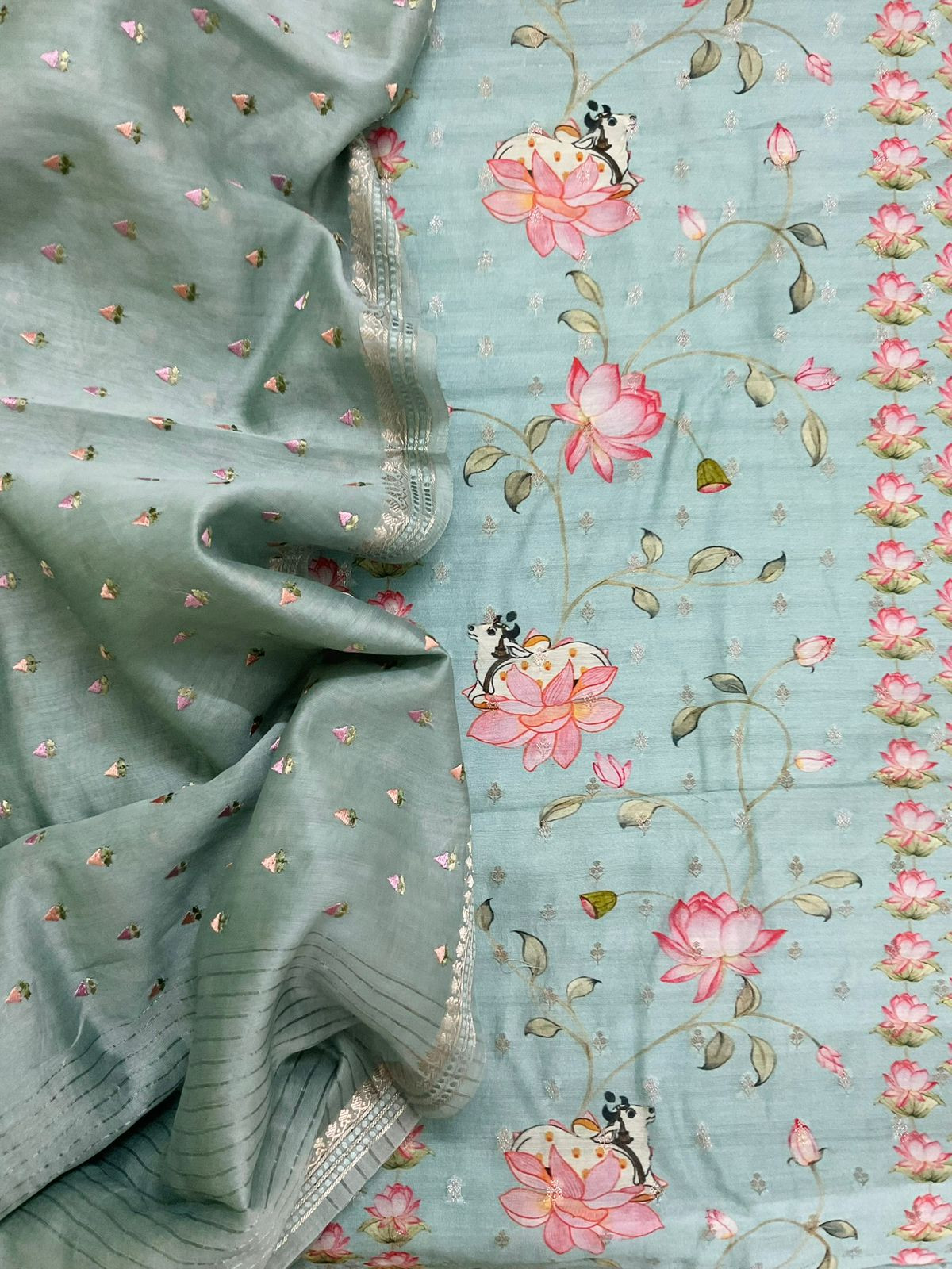 Pure Mul Chanderi Printed Embroidered Banarasi Weaved Suit - Blue