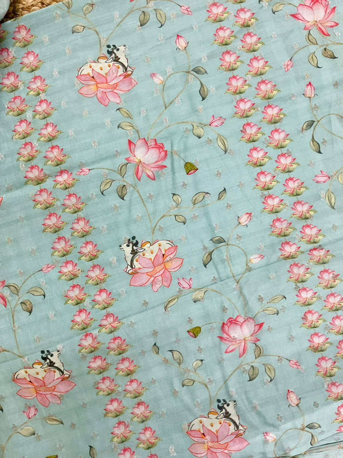 Pure Mul Chanderi Printed Embroidered Banarasi Weaved Suit - Blue