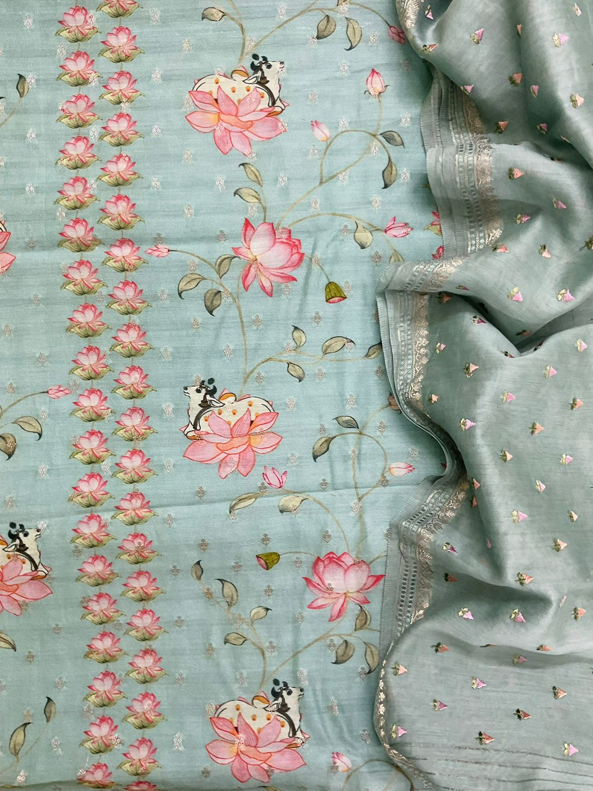 Pure Mul Chanderi Printed Embroidered Banarasi Weaved Suit - Blue