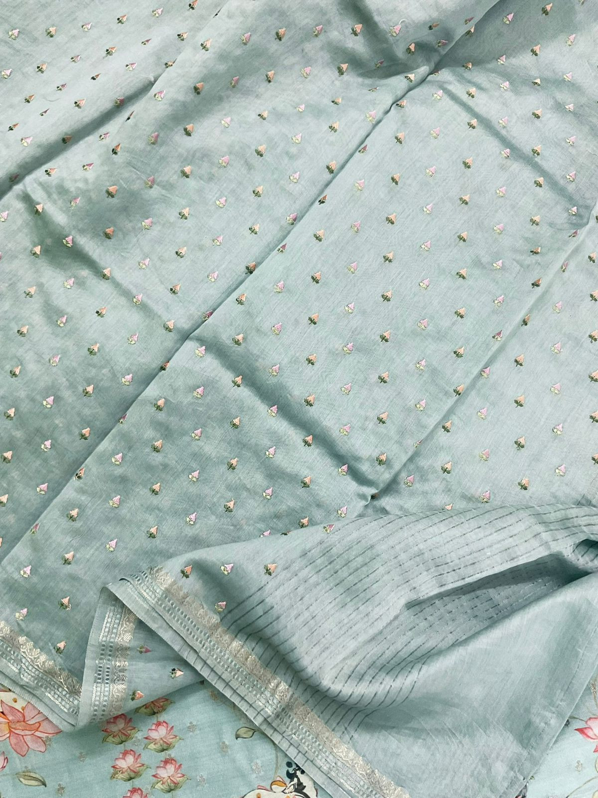 Pure Mul Chanderi Printed Embroidered Banarasi Weaved Suit - Blue