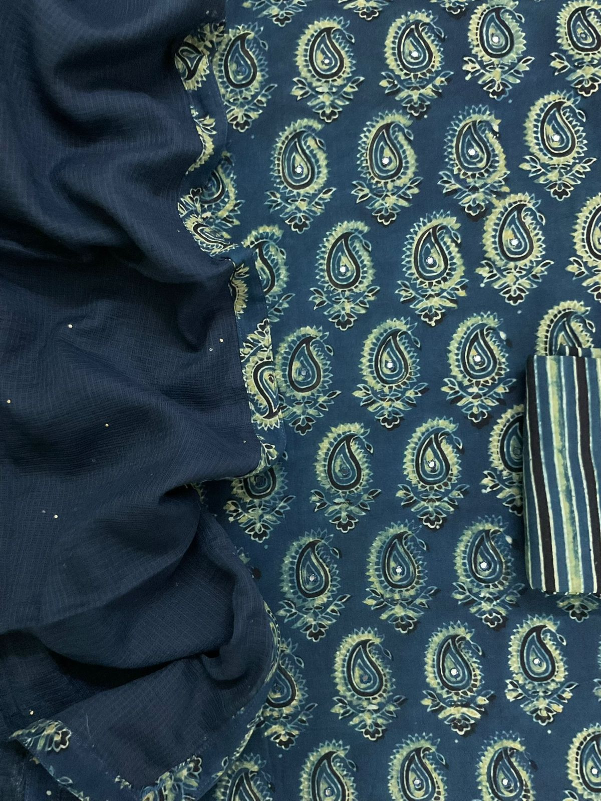 Pure Cotton Printed Embroidered Suit - Indigo