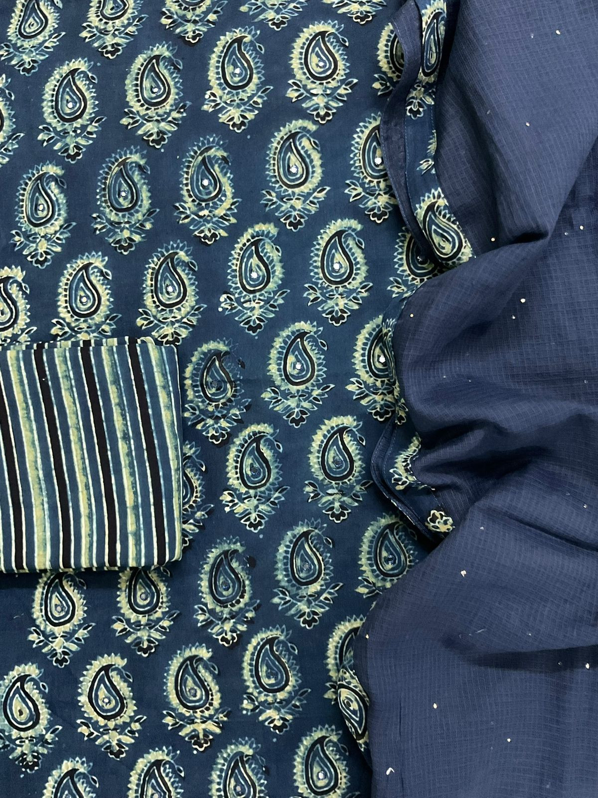 Pure Cotton Printed Embroidered Suit - Indigo